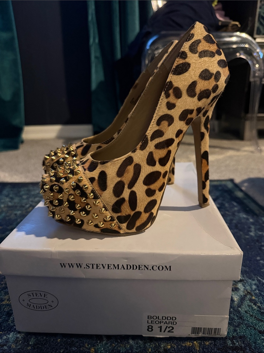 Steve Madden Leopard Print Platform Pump with Gold Spikes